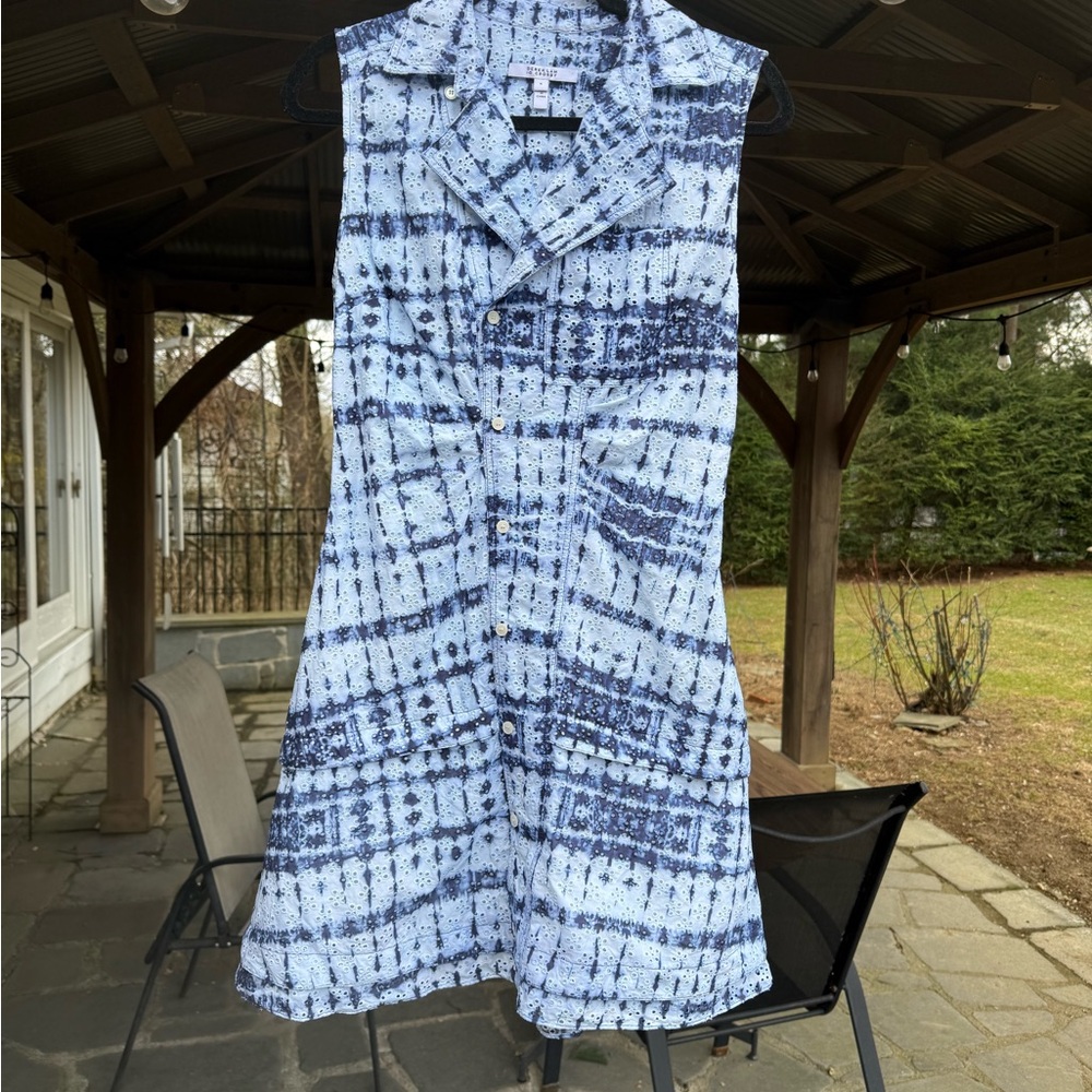 Derek Lam 10 Crosby Blue and White Sleeveless Tie-Dye Eyelet Shirt Dress 6